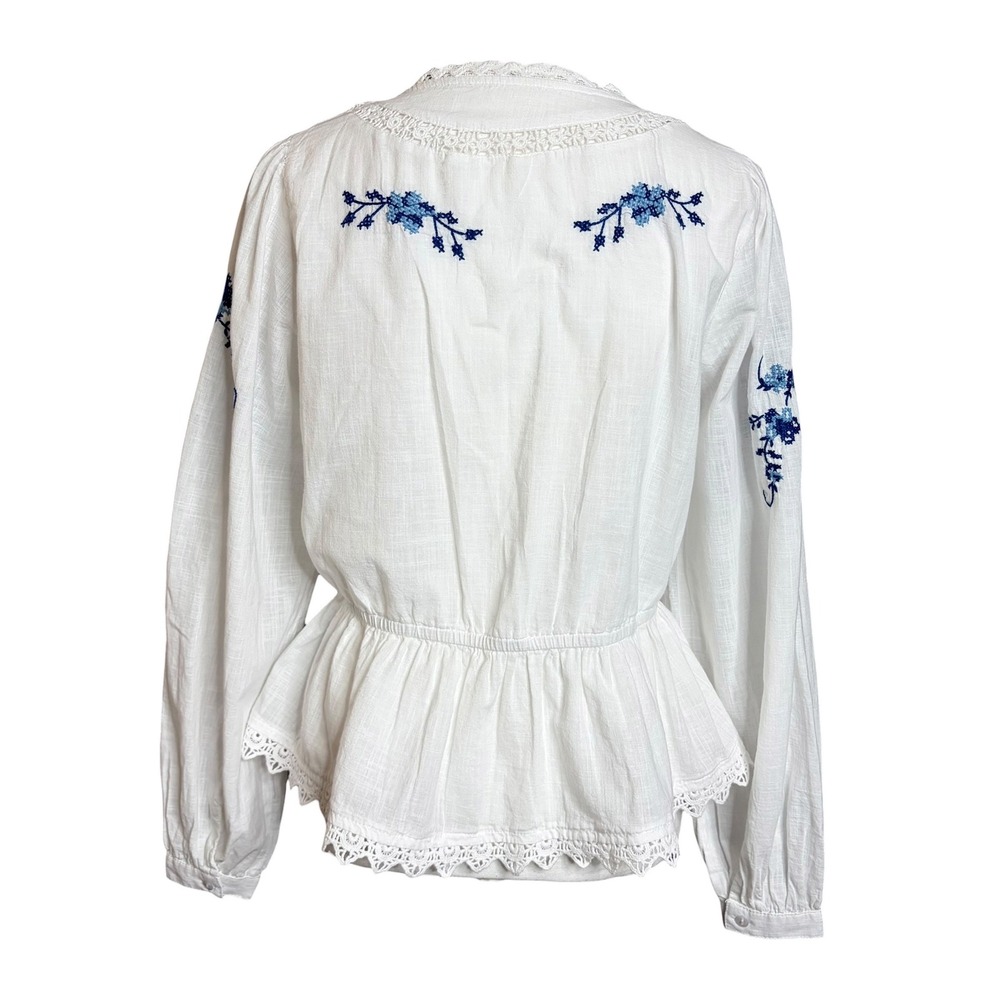 Jennifer & Grace Embroidered Boho Top Peasant M White Blue Tie Front Cottage - Picture 4 of 9